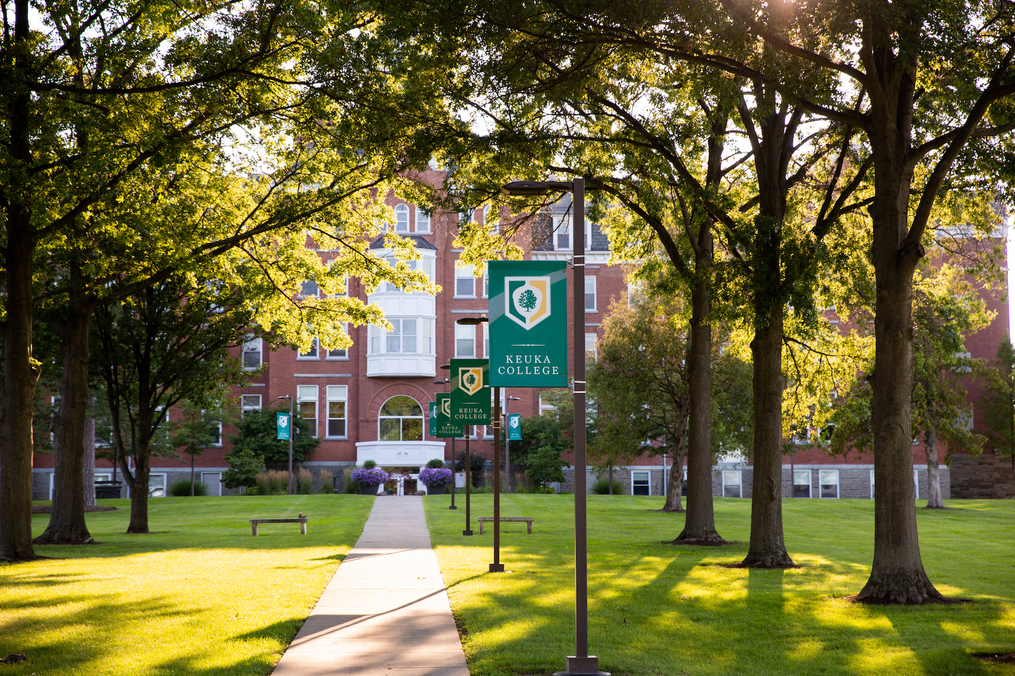 Photo of Ball Hall and Campus signage on Keuka College campus