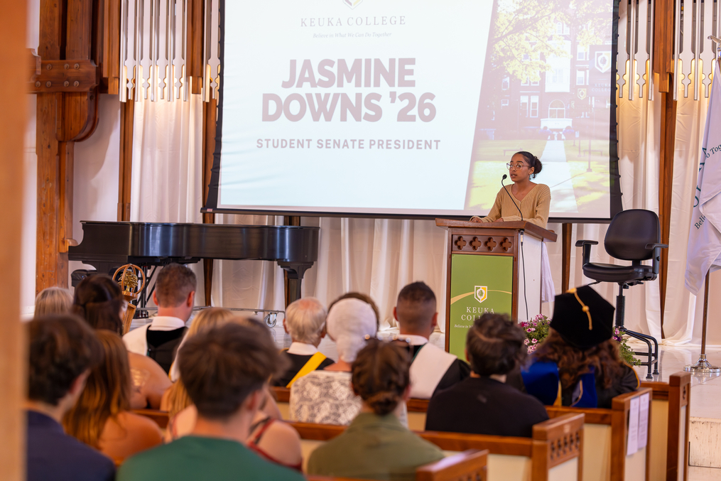 Student Senate President Jasmine Downs ’26 offered new students three pieces of advice: Say yes to opportunities, ask for help, and practice self-care to avoid burnout.