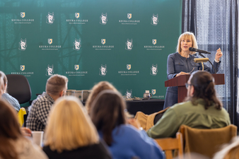 President Amy Storey welcomed new employees, announced College award winners, and provided an update on College finances and operations during Community Day.